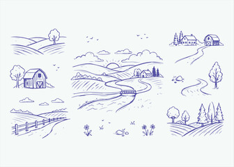 Hand Drawn Rural Farm Landscape Doodle Vector Illustration Set Featuring Rolling Hills Barn Farmhouse River and Countryside Scenery for Agriculture Branding Village Life and Nature Themed Designs © MkJutt