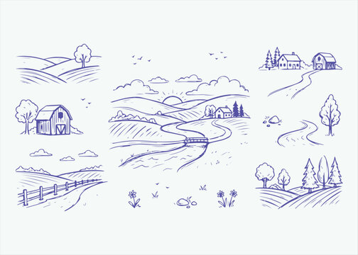 Hand Drawn Rural Farm Landscape Doodle Vector Illustration Set Featuring Rolling Hills Barn Farmhouse River and Countryside Scenery for Agriculture Branding Village Life and Nature Themed Designs