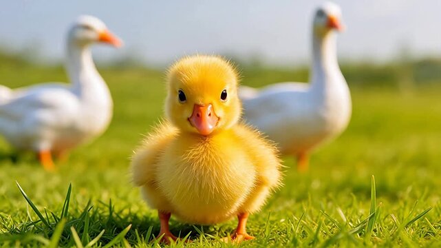 Baby duckling on grass with adult ducks