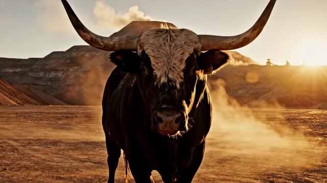 black baldy bull walking through dust before a terraced quarry at sunset, cinematic cattle portrait in a rugged mining landscape