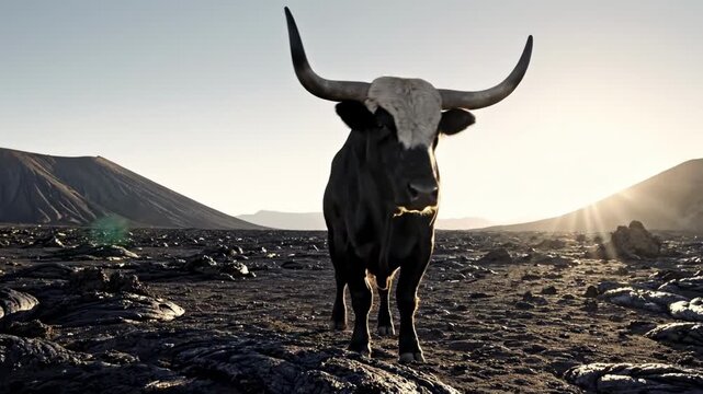 black baldy bull crossing a dark lava field at low sun, striking horned cattle portrait in a raw volcanic landscape