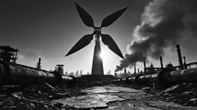 Black and White Concept of Renewable Energy Overcoming Pollution in Apocalyptic Industrial Landscape