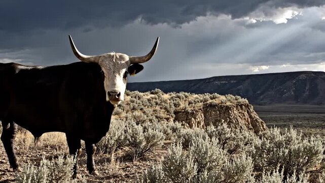 black baldy bull in sagebrush under storm clouds and sunbeams, moody western cattle portrait on a rugged high desert plain