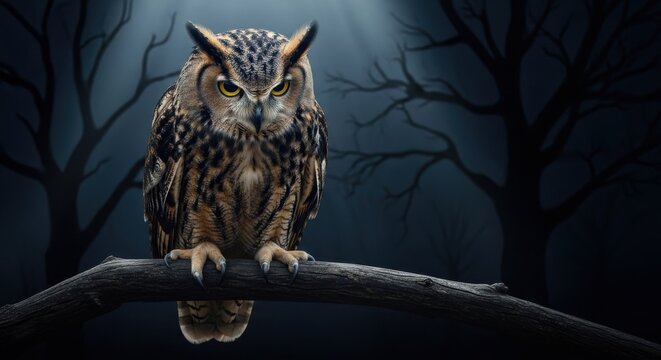 Majestic horned owl with sharp talons perched on a branch in a dark forest at night