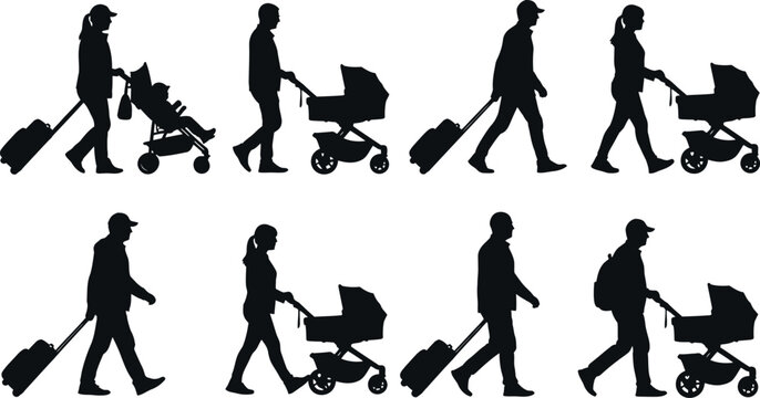 Silhouette of a person walking with baby stroller in various positions isolated on transparent background