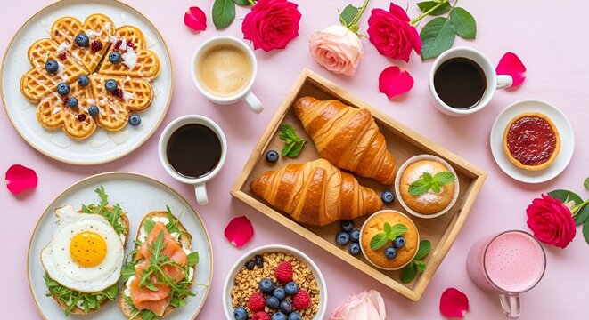 Image is a vibrant, overhead shot of a breakfast spread on a light pink tablecloth. The layout is symmetrical, featuring a variety of dishes. In the center, a wooden tray holds two golden-brown croiss