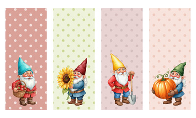 Fototapeta premium Set of garden gnome vertical banners with watercolor illustrations