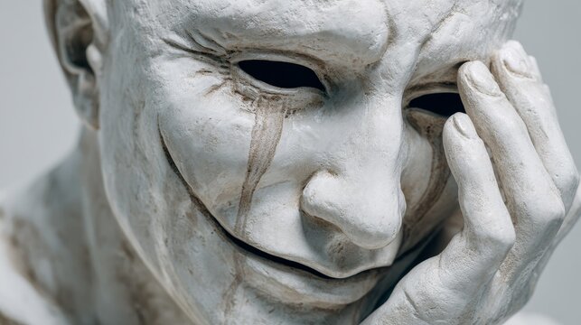 Symbolic image of emotional turmoil and cynicism featuring distressed statue, ideal for mental health, art, or societal critique concepts