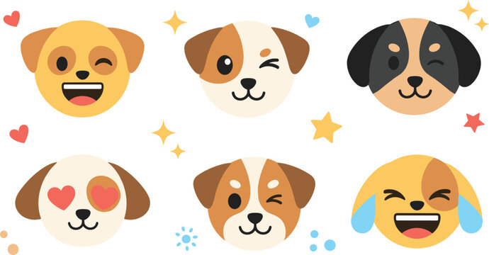 Cute dog emoji faces set with happy wink love and laughing expressions kawaii cartoon pet vector illustration collection