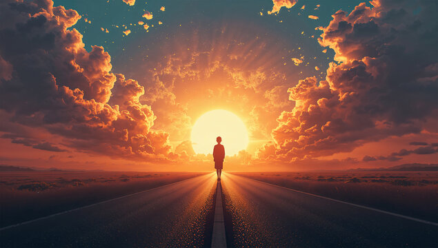 人生の節目を象徴する夕日の道に立つ人物のコンセプトイラスト