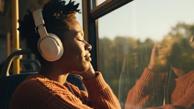 "Person listening to music with headphones, looking out the window of a moving bus, soft light entering, reflections on the glass, introspective atmosphere, soft colors, indie film style"