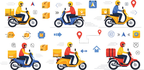 Delivery scooter service set with courier riding motorbike, parcel shipping and logistics icons, fast transportation concept vector illustration collection © MdAbdul