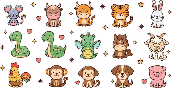 Cute zodiac animals cartoon set with mouse cow tiger rabbit dragon snake horse goat monkey rooster dog pig vector illustration collection
