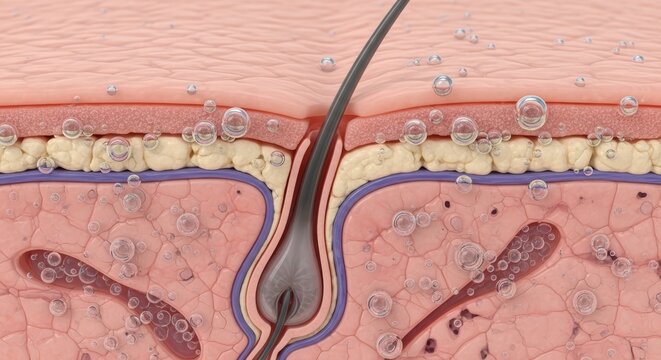Detailed Cross Section Of Human Skin Showing Hair Follicle Sebaceous Gland And Blood Vessels With Bubbles