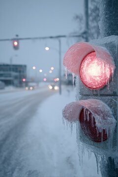 Frozen traffic light glowing red on snowy urban street highlights challenges of winter weather, transportation safety, and city infrastructure resilience