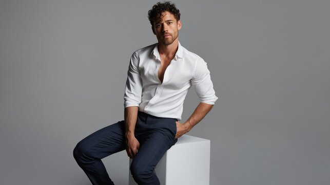 Modern professionalism and confidence A young handsome man is sitting on a white cube posing in an unbuttoned white shirt and dark trousers showcasing a business casual style Corporate branding.