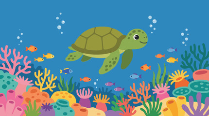 Fototapeta premium Green sea turtle swimming underwater ocean.