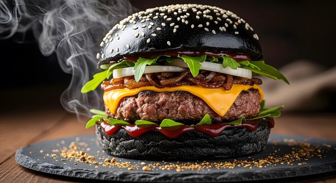 Modern charcoal burger with melted cheese and fresh greens on a dark background. Tasty gourmet cheeseburger with steaming hot meat. Luxury fast food and dining concept