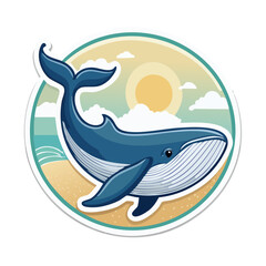 Naklejka premium Whimsical blue whale breaches near sandy shore under a radiant sun and pastel sky