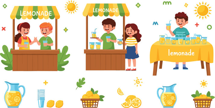 Lemonade stand kids selling fresh juice set with summer drink market stall and citrus fruits cartoon vector illustration collection