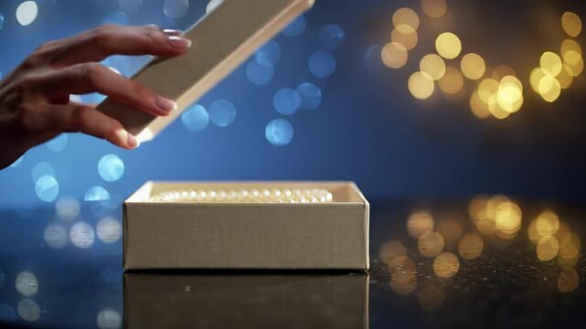 Manicured hand interacts with a luxury item on a polished dark surface, surrounded by dreamy gold, white, and blue bokeh with glitter, slow dolly-in, high-end commercial aesthetic