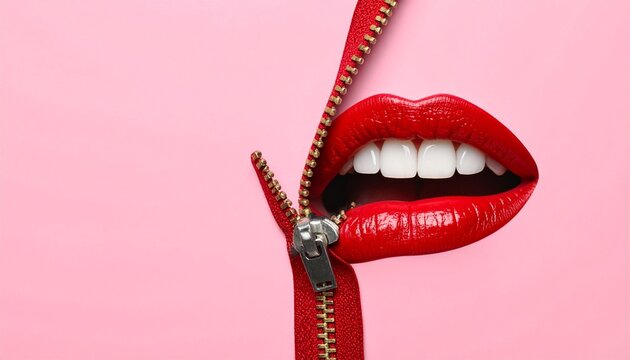 Zippered lips surreal pink background
