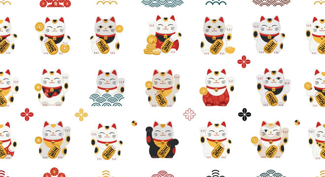 Maneki neko seamless pattern with lucky cat figurines, Japanese fortune symbols and gold coins, cute Asian good luck background vector illustration