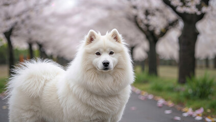 Fototapeta premium 日本の春を感じる桜並木を背景に白い犬のふわふわの毛並みが映える風景