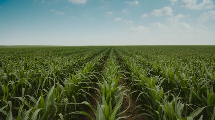 Obraz premium A vast field of young corn plants growing in rows under a blue sky