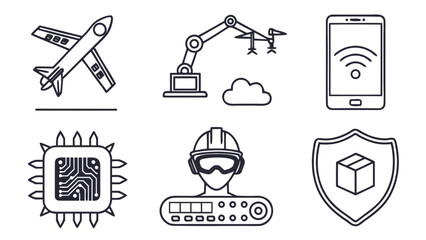 Fototapeta premium Modern Industrial and Digital Technology Icons Set with Robotics Aerospace Microchip and Logistics Security