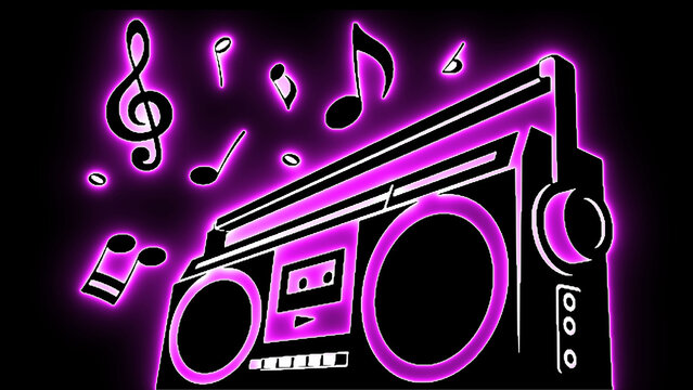 Neon boombox. Retro music art. Pink neon vector. Musical notes. Cassette player. 80s vibe graphic. Synthwave art. Radio illustration. Glowing audio. Pink music logo.