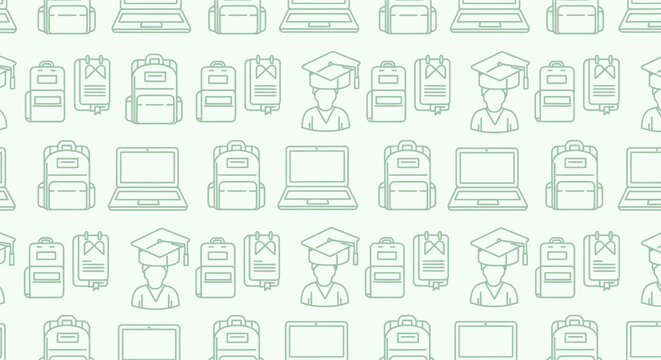 Educational pattern laptop backpacks and graduates in a seamless repeat