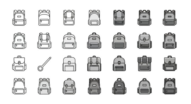 Collection of backpack icons and a spoon in minimalist black and white style