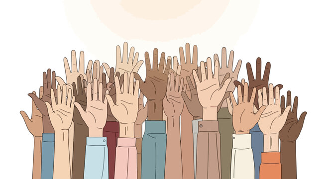 Diverse hands reaching upwards a vector illustration of unity and support