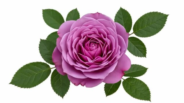 A beautiful pink rose with green leaves on a white background