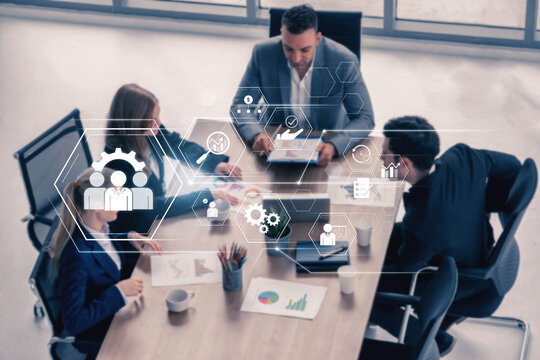 Business management system showing teamwork, productivity, and planning. Management supports goal, management tracks progress, management improves teamwork, and enhances productivity. Vouch