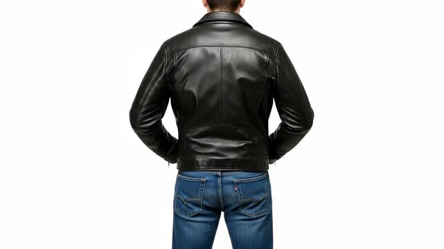 A man in a black leather jacket stands confidently with his hands on his hips