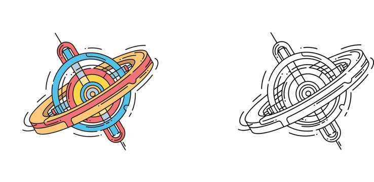 Gyroscopic mechanism or gyroscope physics experiment device vector illustration with coloring page version
