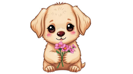 Fototapeta premium Puppy Illustration with Cute Golden Retriever Dog Holding Pink Flowers