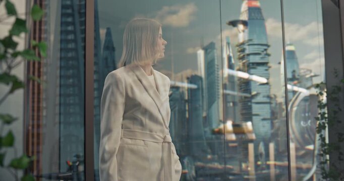 Portrait of Young Caucasian Businesswoman in a White Suit Stands by a Window, Loking at Futuristic City. Concept of New Future with With Flying Cars,  Success, Innovation, Vision of the dream Utopia.