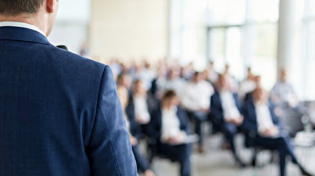 Businessman from behind, presenting to a blurred audience in a conference room, symbolizing leadership, education, and professional development.