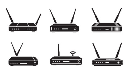 Fototapeta premium Set of wireless router vector illustration symbols for internet network and technology connection