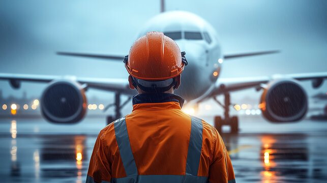 Ground crew worker standing in front of an airplane