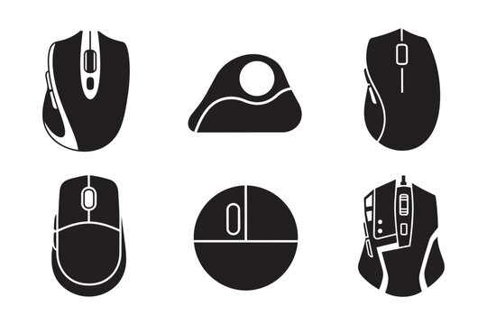Set of isolated vector illustration black silhouette computer mice on transparent background