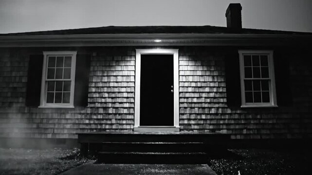 Spooky cinematic shot of an old house with a dark front door and ominous foggy atmosphere, black and white