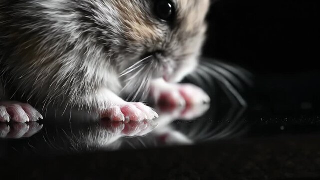 Close up of a tiny hamster, a cute rodent, with soft fur and delicate paws, resting on a reflective surface in shallow depth of field