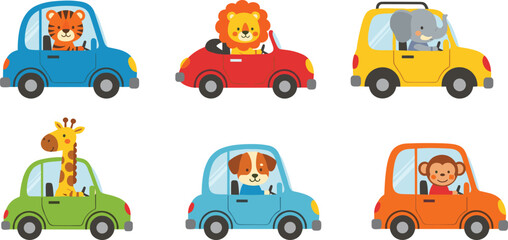 Cute hand drawn cartoon animal drivers tiger lion elephant giraffe dog monkey in colorful cars collection set for kids nursery design and baby transport education © Creative Minds