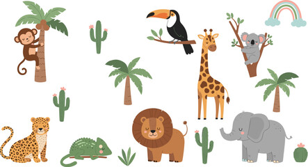 Cute jungle animal collection with cartoon lion elephant giraffe monkey and cheetah among tropical palm trees for nursery decor kids stickers and graphic design © Creative Minds