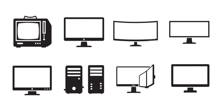 Set of computer and monitor icons, including old and modern designs, vector illustration