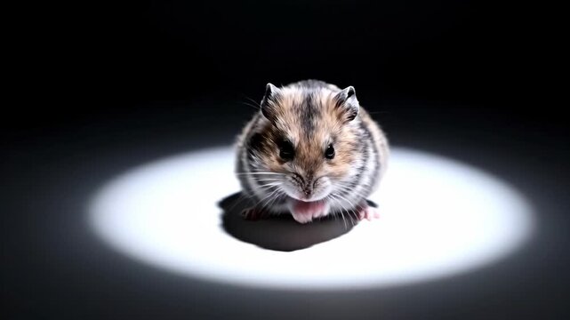 An adorable, curious hamster, a small rodent, sits in a spotlight, looking intently at the viewer